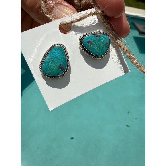 Artisan Turquoise Sterling Silver Triangle Stud Earrings Center Post Southwest - Picture 8 of 12